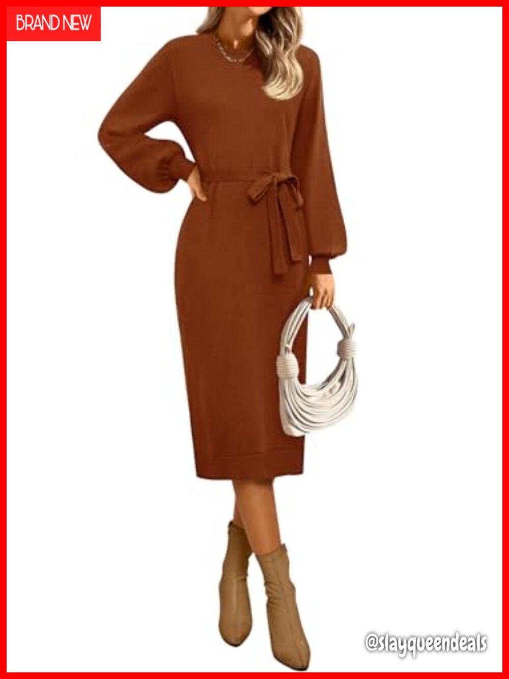 MIROL Women's Fall Sweater Dress Crew Neck Long Puff Sleeve Tie Waist Midi